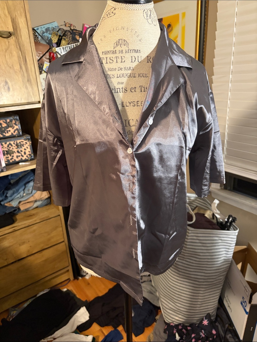 Satin Button-Up Short Sleeve Shirt - Charcoal - Small